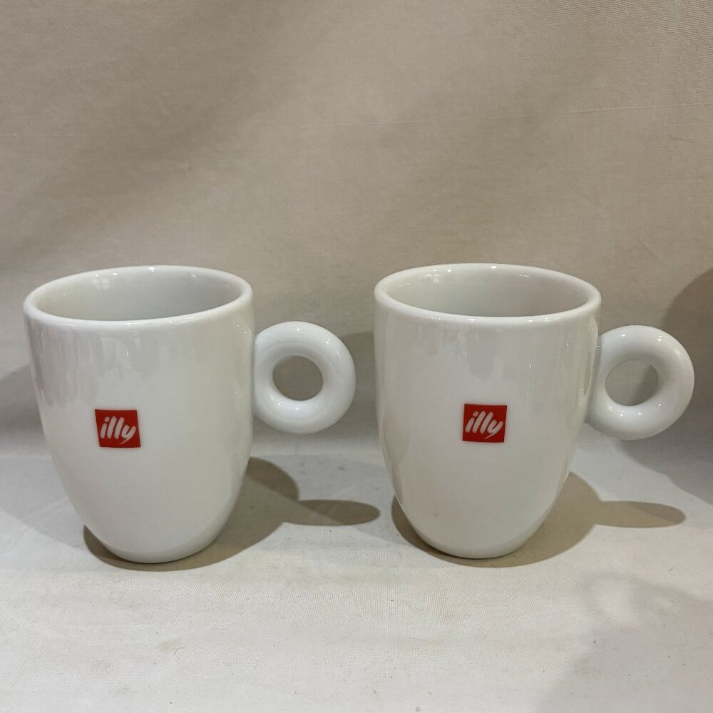 Pair of Original Illy Logo Classic White Porcelain Coffee Mugs 8oz Italy